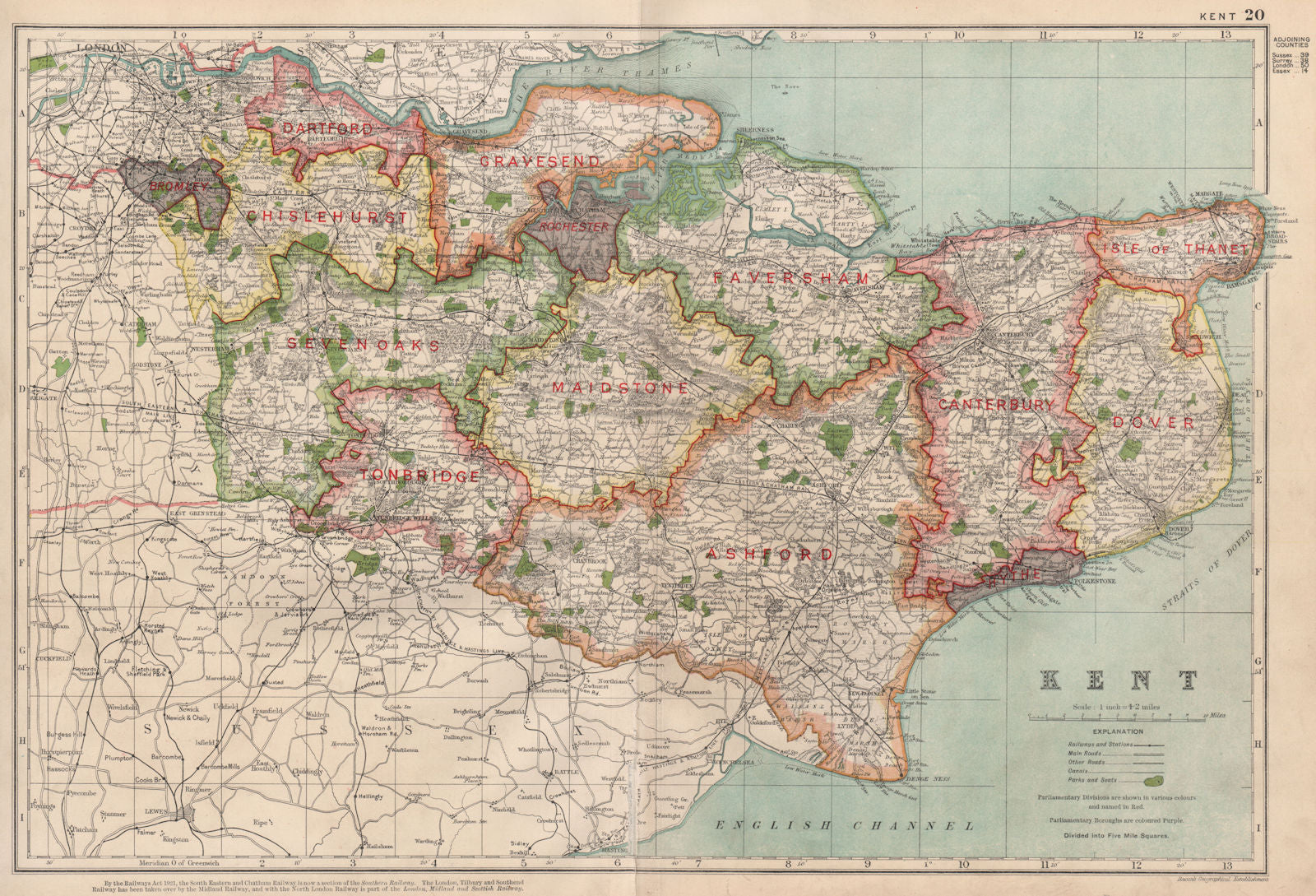 KENT. Showing Parliamentary divisions, boroughs & parks. BACON 1936 old map
